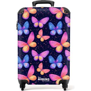 NoBoringSuitcases.com® - Kinderkoffer meisje - Kindertrolley meisjes - Kleurrijke vlinders in roze en blauw - Handbagage koffer lichtgewicht - Reiskoffer trolley kinderen - Rolkoffer met wieltjes - Past binnen 55x40x20 en 55x35x25