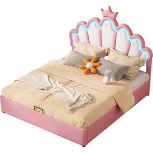 Merax Prinzessinnenbed 140x200 cm - Bed met Verstelbare LED Verlichting - Kronen Hoofdeinde en Hydraulisch Opbergruimte - Roze Kunstleer