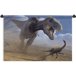 Wandkleed Dinosaurus illustratie - Een illustratie van een jagende dinosaurus Wandkleed katoen 120x80 cm - Wandtapijt met foto