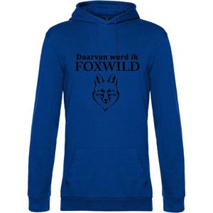 Hoodie met opdruk “Daarvan word ik Foxwild” - Blauwe hoodie met zwarte opdruk – Goede pasvorm, fijn draag comfort