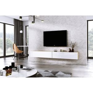 Meubel Square - TV meubel DIAMOND - Eiken / Hoogglans Wit - 240cm (2x120cm) - Hangend TV Kast