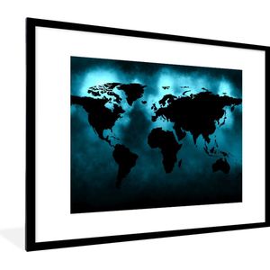 Fotolijst incl. Poster - Wereldkaart - Zwart - Blauw - 80x60 cm - Posterlijst
