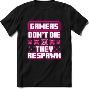 Gamers don't die pixel T-shirt | Neon Roze | Gaming kleding | Grappig game verjaardag cadeau shirt Heren – Dames – Unisex | - Zwart - S