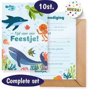 Uitnodiging Kinderfeestje – 10 stuks – Zeedieren Uitnodigingskaarten – Dolfijn – Schildpad – Uitnodigingen Verjaardag Feestje – Incl. Enveloppen en Sluitstickers - Jongen en Meisje