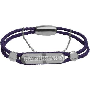 Silventi 980101651 Stalen Armband - Dames - Gevlochten - Met kristal - Magneet Sluiting - Paars - 19cm - Zilverkleurig - Leer