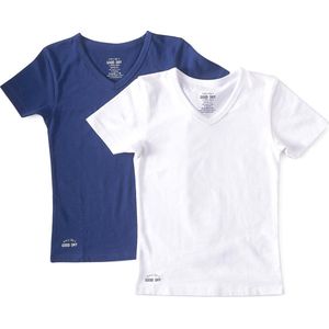 Little Label Ondergoed Jongens - T shirt Jongens Maat 98-104 - Wit, Blauw - Zachte BIO Katoen - 2 Stuks - V-hals basic T shirt jongens - Basic Ondershirt
