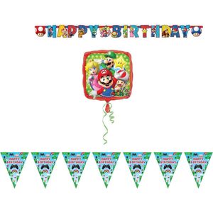 Amscan – Super Mario – Versierpakket – Letterslinger – Vlaggenlijn – Helium ballon – Versiering - Kinderfeest.