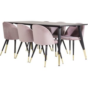 Dipp180x90BLBR eethoek eetkamertafel zwart en 6 Velvet eetkamerstal velours roze, zwart, messing decor.