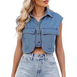 Dames jeansvest zomer denim vest mouwloos met zakken korte jas lichte zomerjas losse polokraag vrijetijdsvesten streetwear