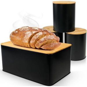 Broodtrommel met bamboedeksel en snijplank - Set van 3 voorraaddozen - Vershouddozen voor levensmiddelen - Zwart - 325 x 21 x 15 cm. Bread Box