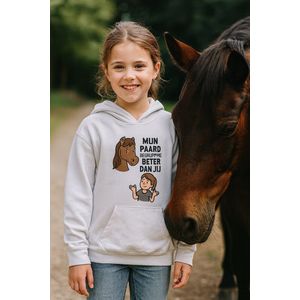 Kinder Hoodie “Mijn paard begrijpt mij beter” – Wit – Unisex Trui 3-4 Jaar – Comfortabel & Perfect voor Paardenliefhebbers