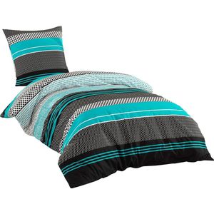 Beddengoedset, van renforcé-katoen, met ritssluiting, bed-garnituur bestaande uit dekbedovertrek en kussensloop, turquoise zwart en wit, 135x200 cm + 80x80 cm
