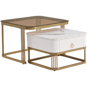 Gotagee Stapelbare salontafel: hoogglans marmerlook en theebruin glazen blad, gouden poten, bijzettafel met lades