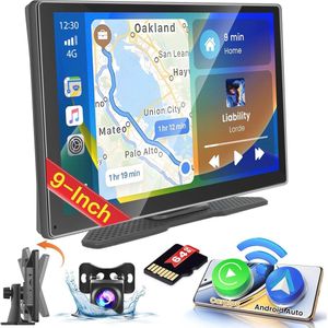Draagbare Autoradio met 9 Inch Draadloze Carplay en AHD Achteruitrijcamera – Bluetooth, USB, AUX – 64GB TF-kaart