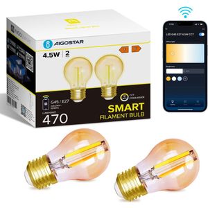 Aigostar 10C4L - Smart LED Filament Lamp -Lichtbron E27 - 2.4GHz WiFi - Slimme Verlichting - Dimbaar - Appbesturing - Warm Wit licht - 4.5W - Set van 2 stuks