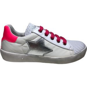 Naturino Mt 28 veter/rits zilveren ster lederen/nylon sneakers Annie Wit Fuxia
