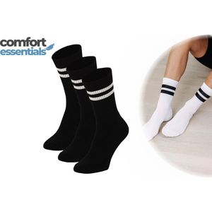 Comfort Essentials - Sport Sokken Dames - 3 paar - Zwart - 36/41 - Sportsokken Dames - Sokken met Strepen - Tennissokken Dames - Hardloopsokken Dames