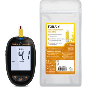 Fora 6 Connect - 6-in-1 cholesterolmeter startpakket (glucose, cholesterol, urinezuur, ketonen, hematocriet & hemoglobine), incl. 10 Fora 6 cholesterol zelftest teststrips