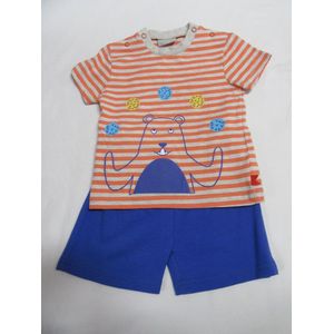 wiplala , kledingset , tshirt + short , orange streep zandkleur , broek blauw , 80 - 12 maand