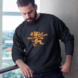 Zwarte Koningsdag Trui Oranje Boven In Oranje - Maat M - Uniseks Pasvorm - Oranje Feestkleding