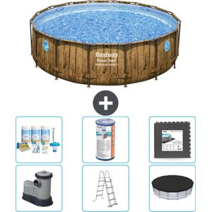 Bestway Rond Power Steel Swim Vista Zwembad - Houtprint - 488 x 122 - Inclusief Pomp - Ladder - Afdekzeil Onderhoudspakket - Filter - Vloertegels