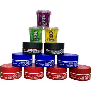 9-pack Voordeelbundel Red One Aqua Hair Wax 4x Red + 3x Blue + 2x Quicksilver 150ml + 3 stuks Topkwaliteit Ottoman Ultra Strong Hair Gel 150ml - RedOne - Extra voordelig - Haargel - Haarwax – Sterke Hold - Kapperskwaliteit