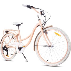 Flower Bike Kinderfiets 24 inch meisjes van 8 tot 12 jaar, Abrikoos, Fiets voor een meisje met 7 versnellingen, bagagedrager, metalen spatborden, V-brake, kettingkast