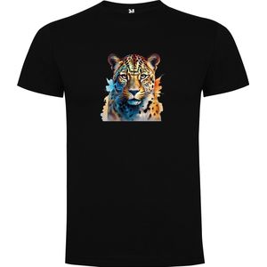 Zwart T-Shirt met “Kleurrijk Luipaard“ Print Full Color maat 140 9/10 jaar