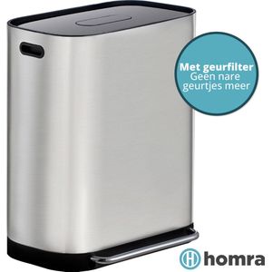 Homra Rockx Prullenbak 60 Liter - Duo Pedaalemmer 2X30L met Geurfilter - RVS Afvalscheidingsprullenbak 2 Vakken - Recycle Afvalbak - Vuilnisbak Keuken afval scheiden - Afvalemmer - Dubbele Prullenbakken Mat RVS