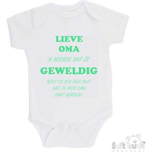 100% katoenen Romper ""Lieve oma ik hoorde dat je geweldig bent en ben heel blij dat je mijn oma gaat worden!"" Unisex Katoen Wit/mint Maat 62/68