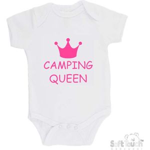 100% Katoenen Romper "Camping Queen" Meisjes Katoen Wit/roze Maat 62/68