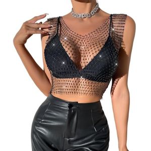 Glanzende strass mesh lichaamsketting bovenstuk voor dames - V-hals korte top voor disco festival - Zwart, M