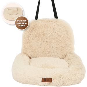 Pet Perfect Fluffy Autostoel Hond - Automand met Veiligheidsriempjes - 2-in-1 Hondenmand voor Auto - Orthopedisch - Antislip - Maat S - Beige