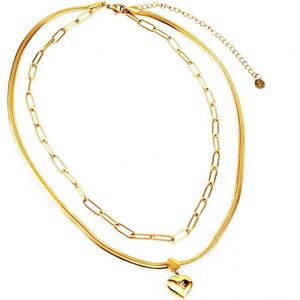 Dottilove 2 Laags Ketting Dames - Geel Gold Plated op RVS - Paperclip Ketting - Slang Ketting