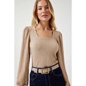Happinessistanbul Lichtcrème Gebreide Damesblouse Met Vierkante Hals En Textuur Dd01111