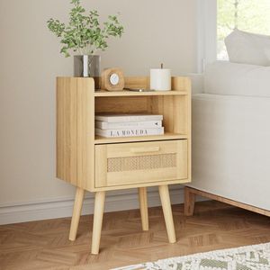 Boraboi ® Natuurlijk Rotan Nachtkastje met Houten Poten en Ruime Lade voor Slaap- en Woonkamer