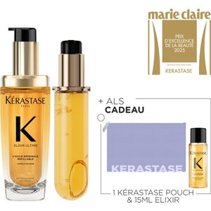 Kérastase Elixir Ultime L'Huile Originale Refill Duo + Cadeau - Navulbare Haarolie 75ml & Navulling 75ml + Flatpouch Cadeau - Met Camelia & Arganolie Voor Intense Voeding, Glans, Anti-frizz & Hittebescherming, Voor Elk Haartype