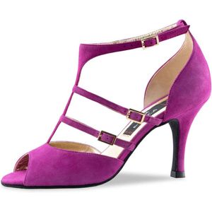 Nueva Epoca Filia Dansschoenen voor Dames met Suède Zool - Paars - Roze Suède - Stiletto hak 8 cm - Drie riempjes - Open teen - Salsa, Latin, Argentijnse tango schoenen - Felle kleur - Nueva Epoca - Fuchsia - 33.5