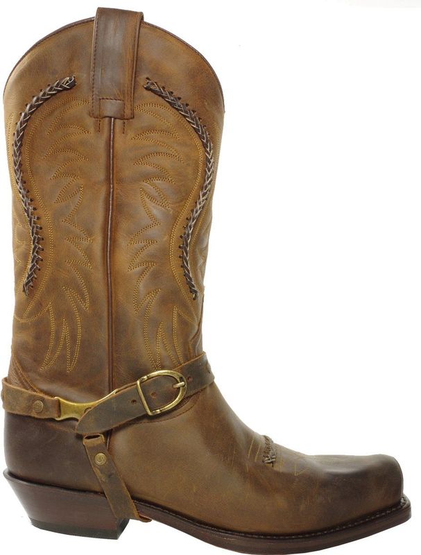 Sendra Boots 3434 Sam Bruin Dames Heren Biker Western Boots Unisex Vierkante Neus Schuine Hak Lederen Zool Siervlechtwerk Echt Leer Maat 42