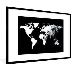 Fotolijst incl. Poster - Wereldkaart - Zwart - Wit - Leeuw - 120x80 cm - Posterlijst