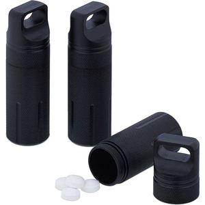 Relaxdays pillenkoker set van 3 - waterdichte capsule - reis pillendoosje - aluminium - 9,5x3 cm - zwart