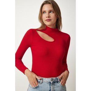 Happinessistanbul Donkerblauwe, Uitgesneden Gedetailleerde Geribde Gebreide Damesblouse Gt00065