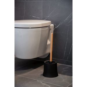 Staande toiletset Bamsa, moderne borstelhouder van zwart en hoogwaardig kunststof, inclusief toiletborstel met bamboe handvat, opzetborstel Ø 8,5 cm vervangbaar, Ø 14 x 38 cm, zwart/naturel