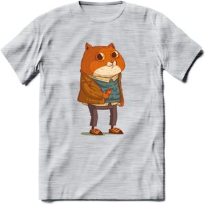Casual kat T-Shirt Grappig | Dieren katten Kleding Kado Heren / Dames | Animal Skateboard Cadeau shirt - Licht Grijs - Gemaleerd - L