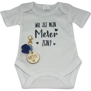 Geschenkdoosje baby romper wil je mijn meter zijn | BLAUW | hartjes | cadeau | meter vragen | meter worden