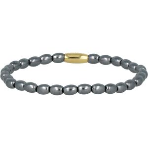My Bendel Goudkleurige elastische armband met zwarte parel - Goudkleurige elastische armband met ovale zwarte parels - Met luxe cadeauverpakking