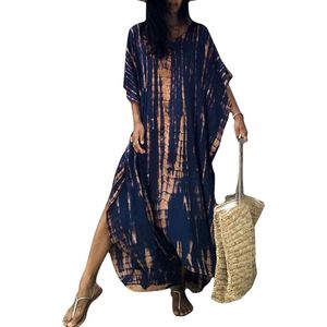 Allecto Plus - Kaftanjurk dames ruime losse lange kaftans korte mouwen tuniek kimono dagelijks gebruik badkleding strand badpak loungewear badjassen Tibetaans Blauw one size