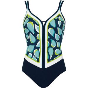 Sunflair damesbadpak – V-hals – comfortabel – blauw met printpanelen - Maat 42 C