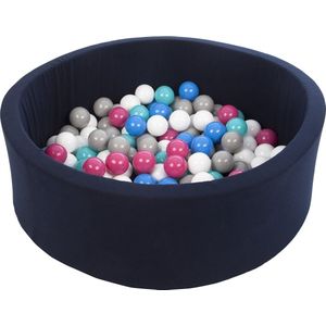 Ballenbad rond - navy - 90x30 cm - met 150 wit, blauw, roze, grijs en turquoise ballen