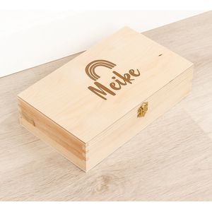 Houten kistje 'Meike' Regenboog - Tekenkist - Herinneringsdoos - Kraamcadeau - Knutseldoos - Memorybox - Baby - Geboorte